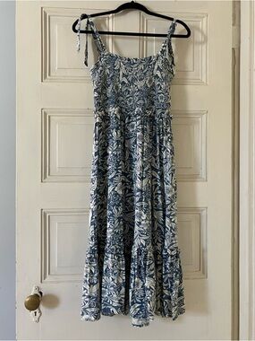 PATRONS OF PEACE Smocked tie top dress with “Willian Morris” look fabric